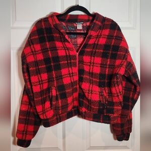 Weekending Red And Black Plaid Sherpa Zip Up Sweater Large